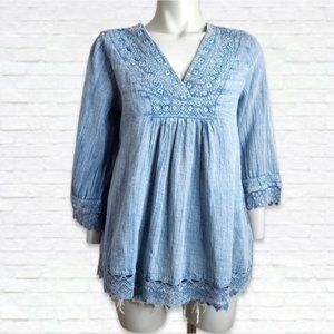 Rachel Zoe V Neck Denim 3/4 Length Sleeve Loose Tunic Blouse Size XS BNWT